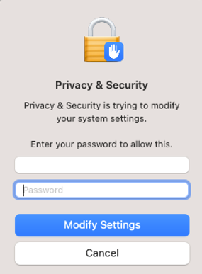 The dialog to enter the Mac password.
