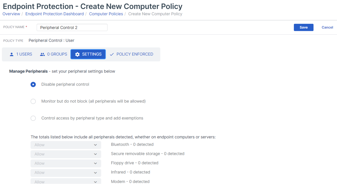 Peripheral Control policy settings.