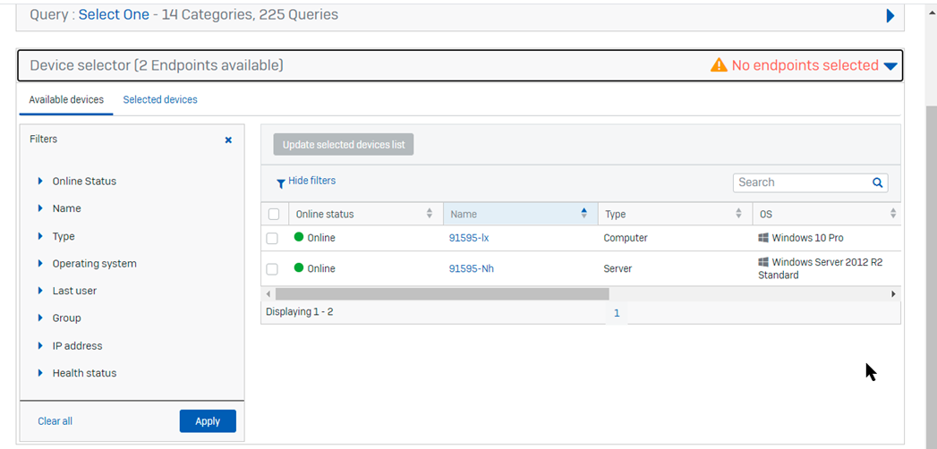 Screenshot of device selector.