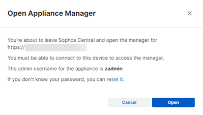 Open Appliance Manager confirmation dialog.