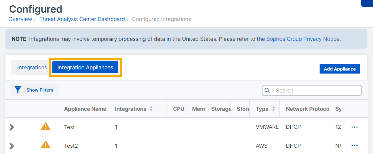 Integration appliances tab.