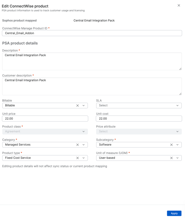 Edit ConnectWise product page.