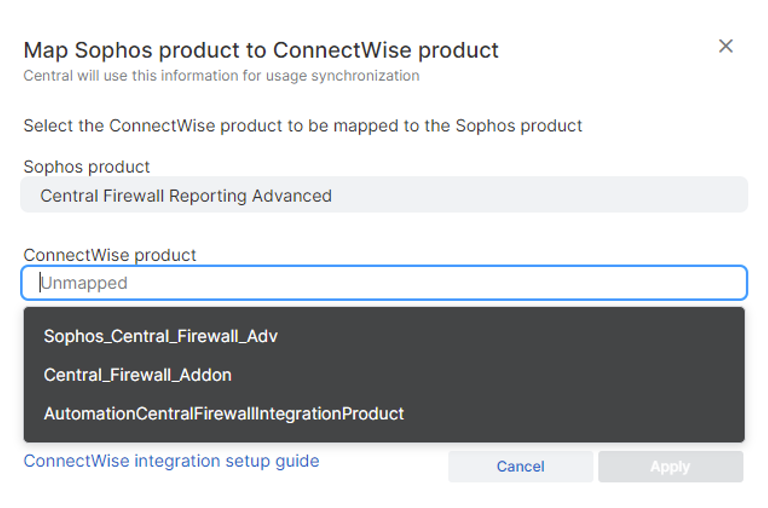 Map sophos product to Connectwise product page.