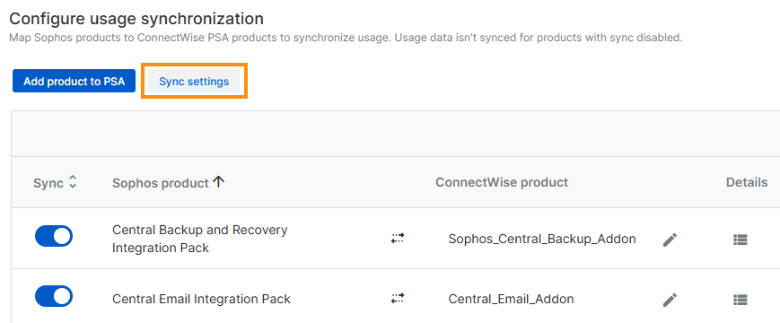 Sync settings button.