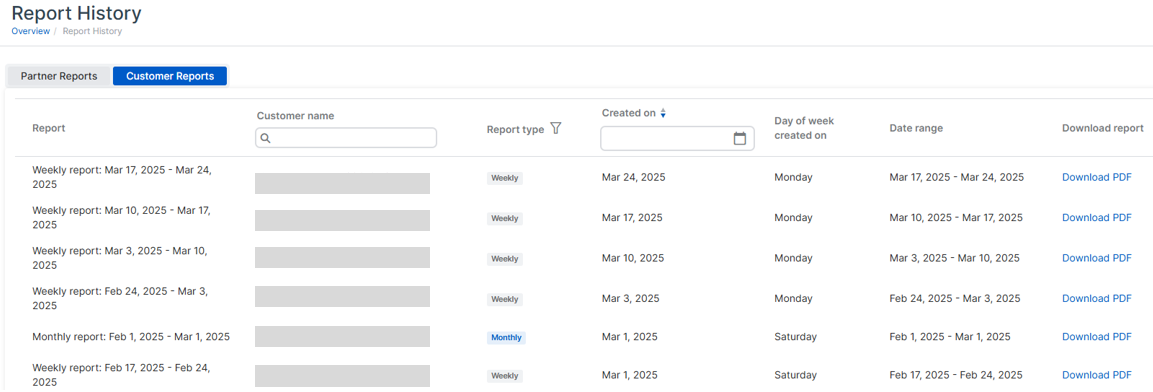 MDR Customer Reports History page.