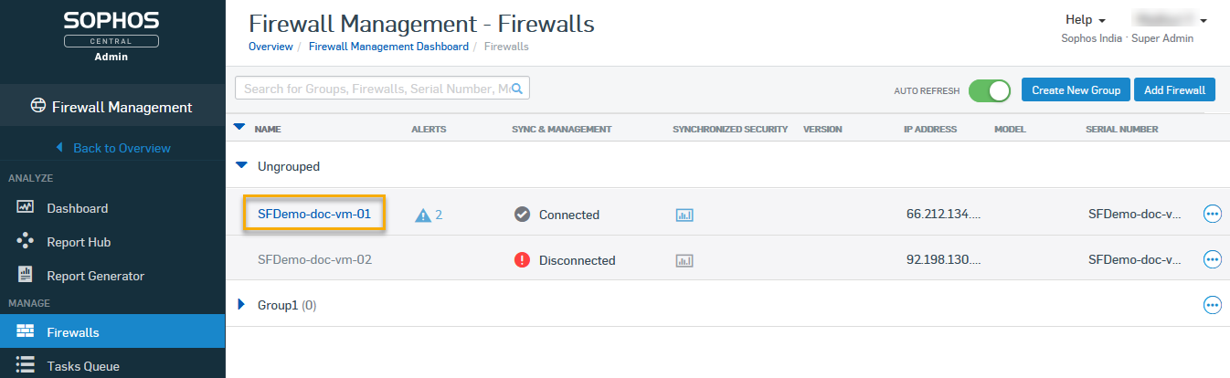 Sophos Central の「ファイアウォール」ページに表示されるファイアウォール。