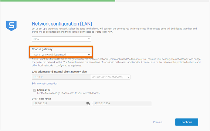 Network configuration screen where you can choose bridge mode.