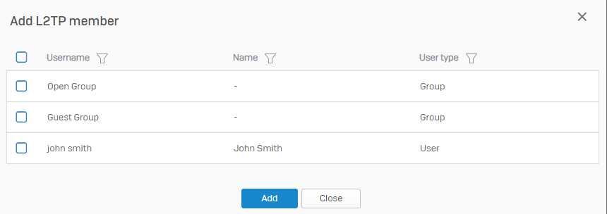 Screen showing the users and groups you can select.