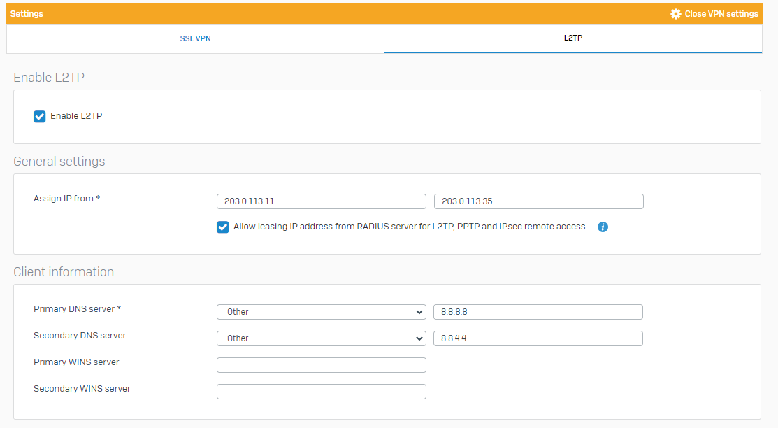 Example L2TP general settings and client information.