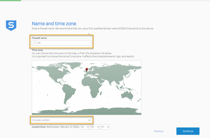 Name and time zone screen.