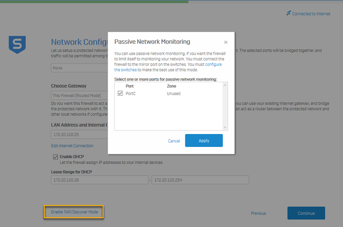 Screenshot showing where to enable TAP/Discover mode, and the passive network monitoring screen.