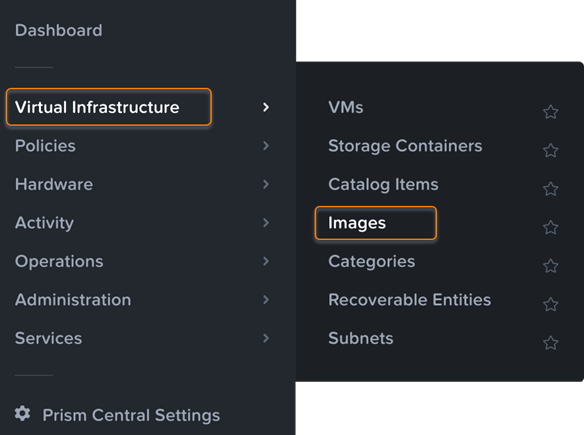 Nutanix navigation pane.