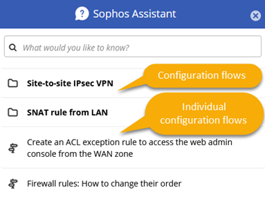 The Sophos Assistant window with the search bar at the top and the list of help resources below.