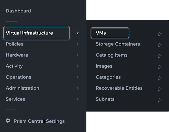 Nutanix navigation pane.