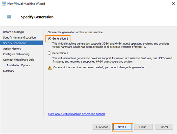 Specify generation tab of new virtual machine wizard.