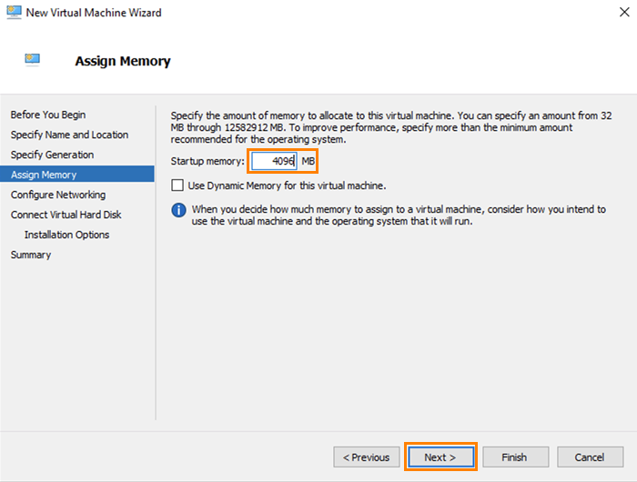Assign memory tab of new virtual machine wizard.