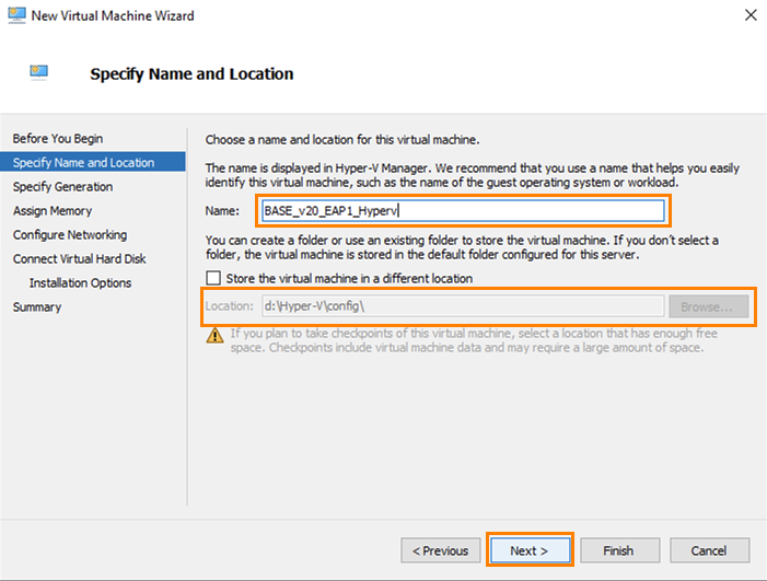 Specify name and location tab of new virtual machine wizard.