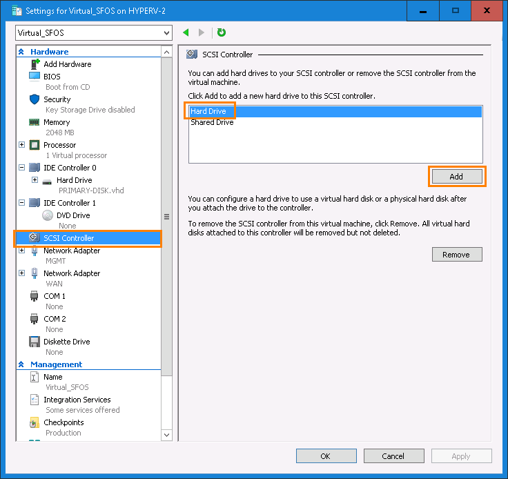 Hardware pane with SCSI controller selected.