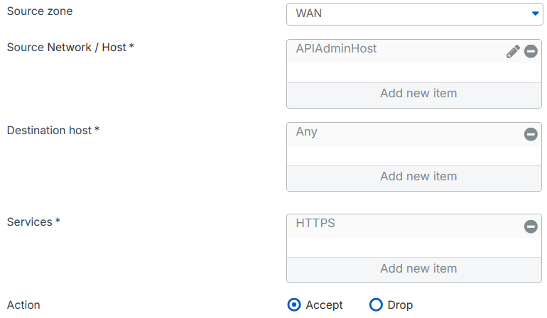 API admin access local service exception rule settings.