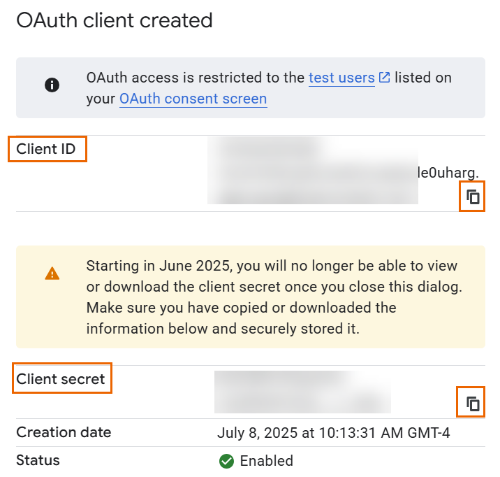 Copy Client ID and Client secret.