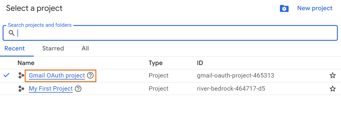 Select the created project.