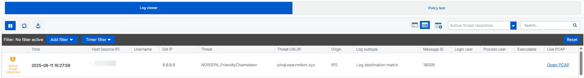 Advanced threat response logs showing a threat logged by NDR Essentials.