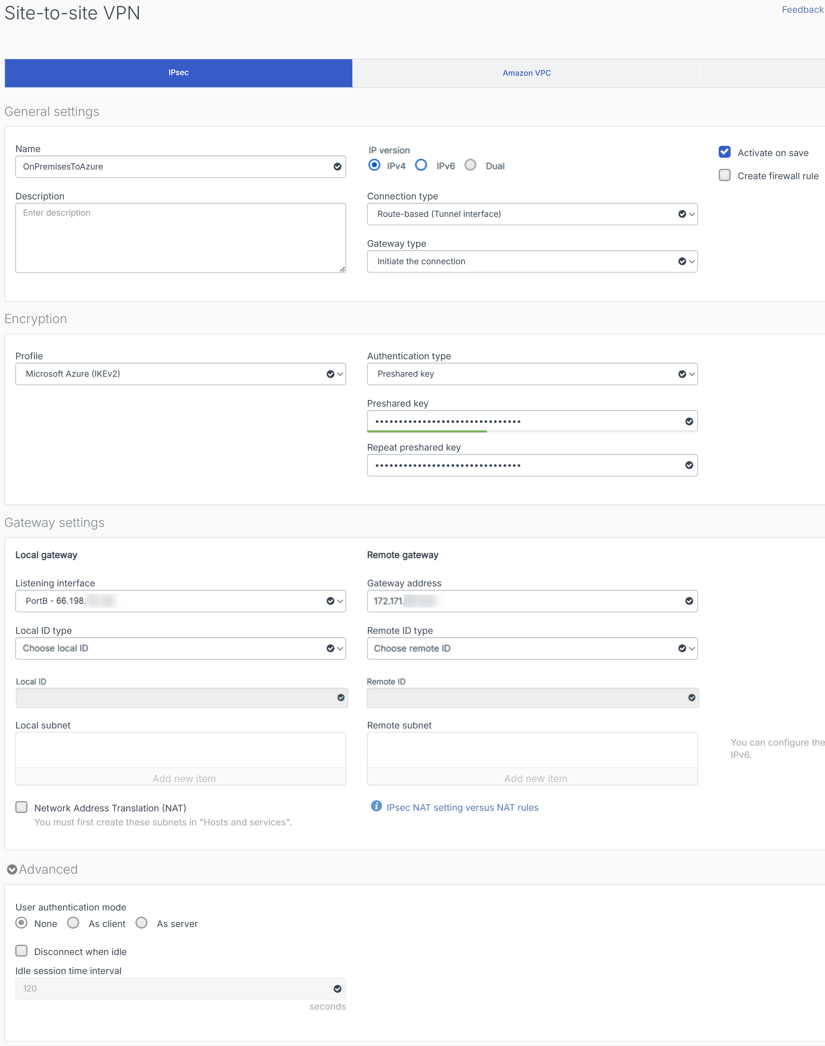 Route-based IPsec VPN connection settings.