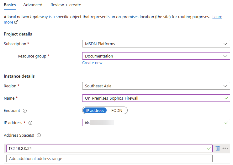 Local network gateway basic tab.