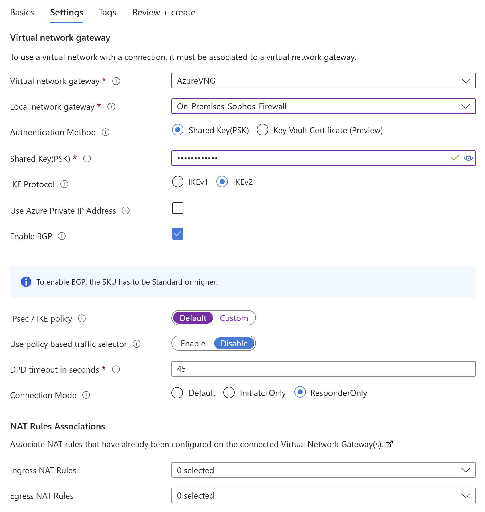 IPsec VPN connection settings.