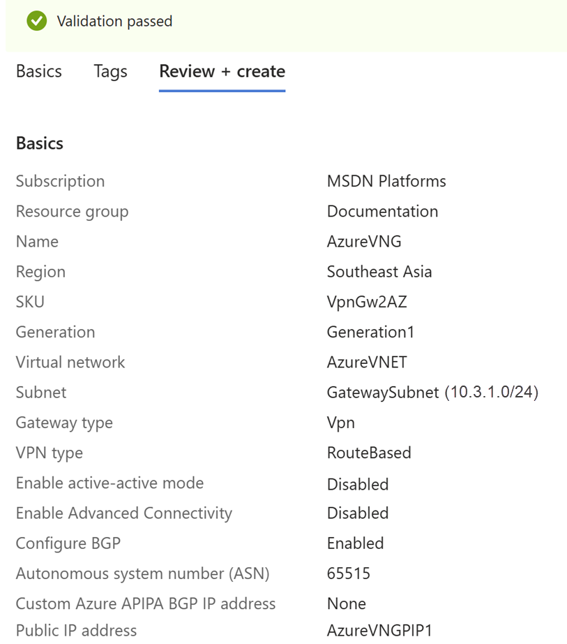 Virtual network gateway validation.