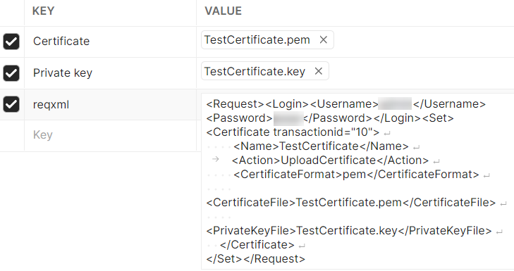 Certificate and private key upload and xml entry