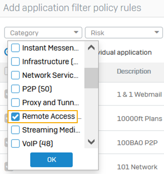 Application filter policy rule