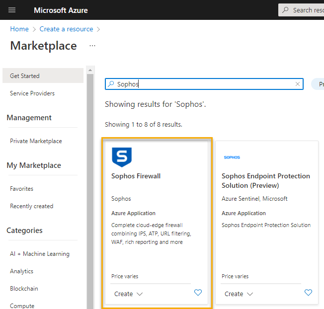 HA Azure marketplace search result