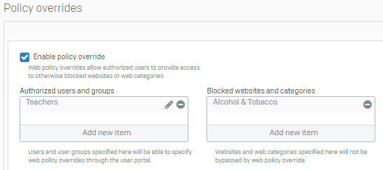 Authorized groups and blocked web categories