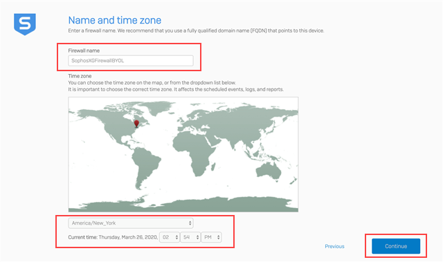 Add an Sophos Firewall name and time zone.