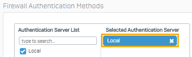 Authentication server set to Local in firewall authentication methods.