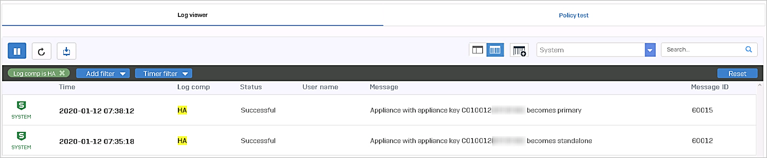 Log entries in the log viewer.