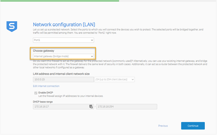 Network configuration screen where you can choose bridge mode.