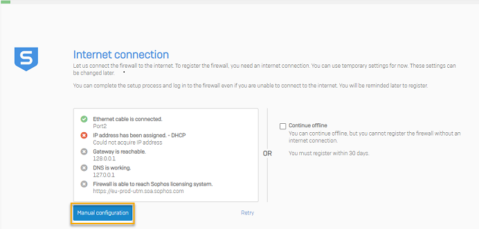 Internet connection screen with manual configuration button.