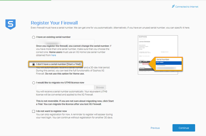 Screenshot showing where you get a temporary serial number.
