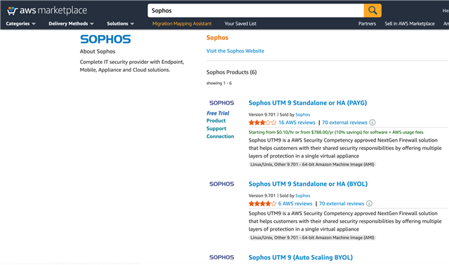 Sophos AWS Marketplace Product page