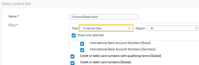 Financial data control list