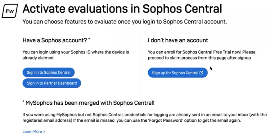 Activate evaluations in Sophos Central window.