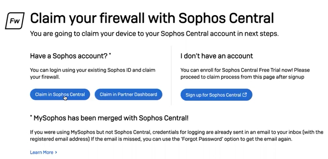 Claim your firewall with Sophos Central window.