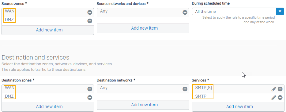 Source and destination zones in the firewall rule