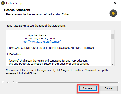 Accept the balenaEtcher agreement to use its tool to create a flash drive