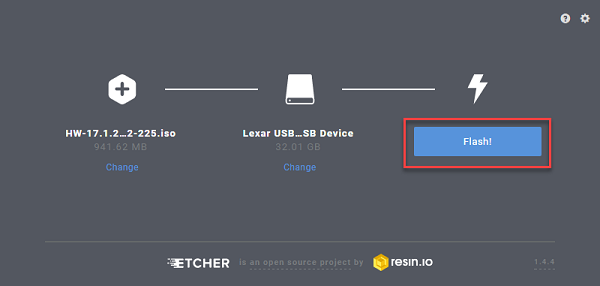 The balenaEtcher tool creates and validates a flash drive that can restart the firewall