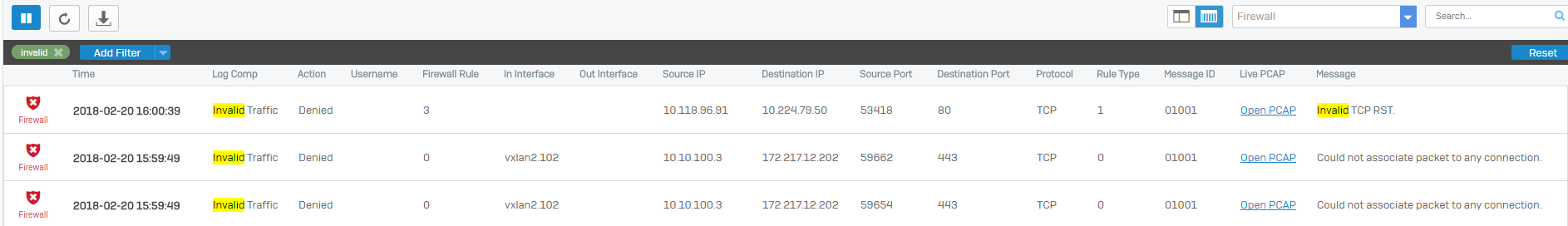 Example of invalid events in the log.