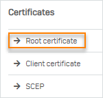 Root certificate option in the list of policy configurations