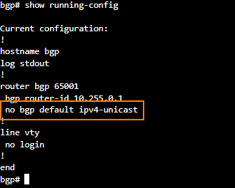BGP CLI configuration includes no bgp default ipv4-unicast